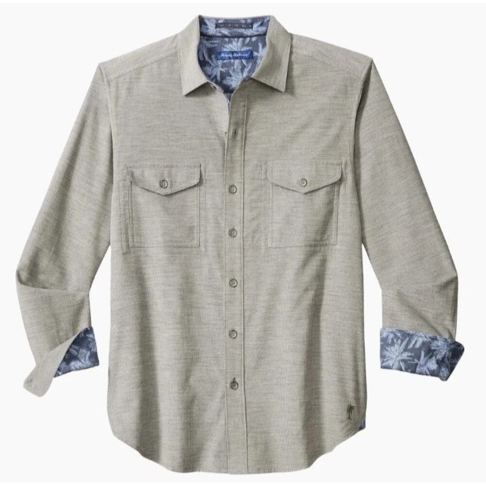Tommy Bahama Coastline Cord Shirt Mens XLT Extra Large Gray Flip Cuff Beach